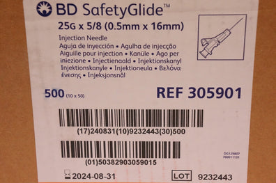 BD 305901 SafetyGlide Injection Ndle 25G x 5/8inch - Box of 500